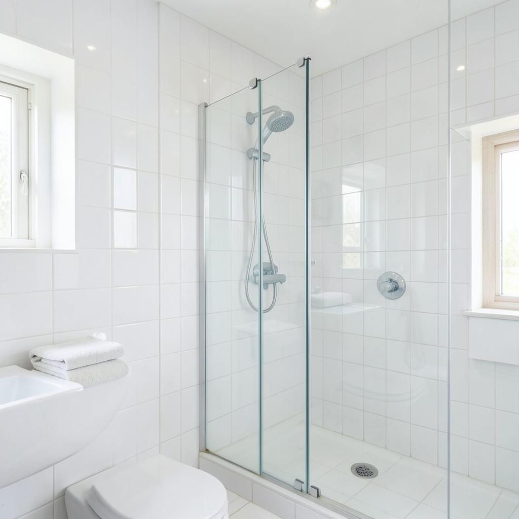 Sparkling clean white tile bathroom