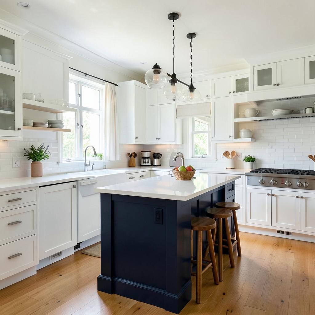 Spotless white kitchen with navy island