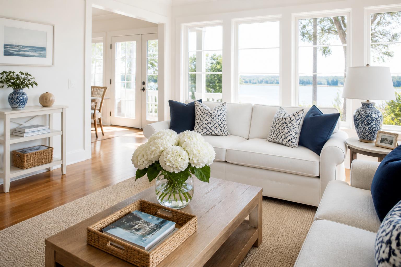 Bright, freshly cleaned living room with white sofa and navy pillows